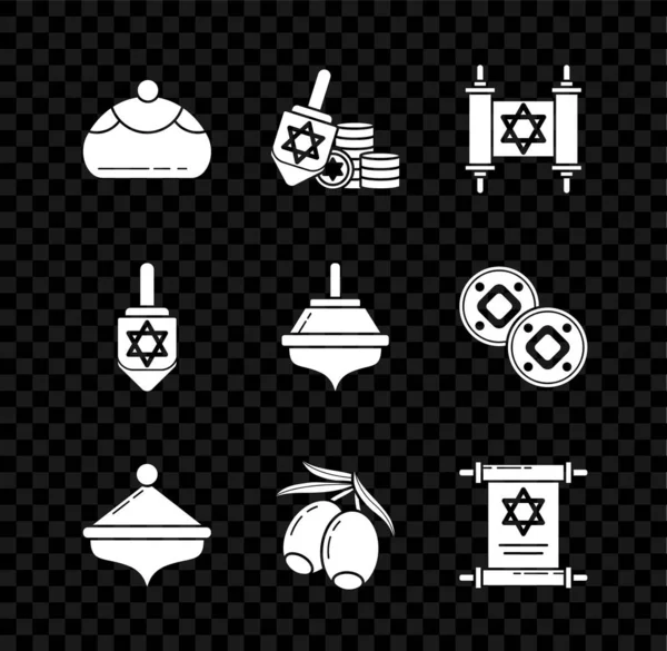 Set Jewish sweet bakery, Hanukkah dreidel and coin, Torah scroll, Olives branch, and icon. Vector — Stock Vector