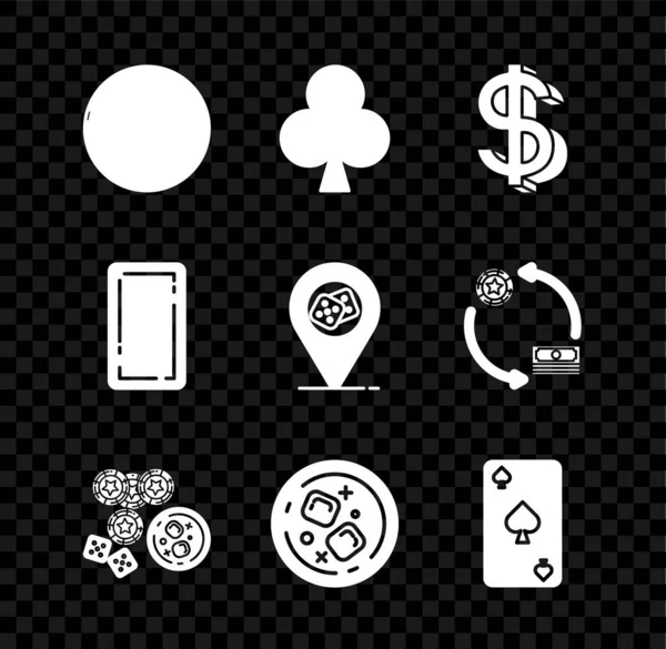 카지노 룰렛 휠 (Casino roulette wheel), 클럽 상징, 달러, 칩, 게임 주사위, 위스키 큐브, 글래스, 스페이드, 위치 아이콘으로 된 카드 게임. Vector — 스톡 벡터