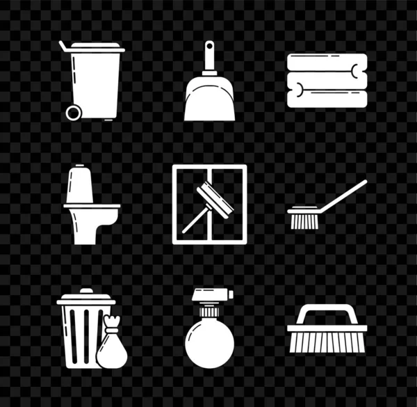 Çöp tenekesi, faraş, havlu yığını, ve çöp torbası, temizlik için fırça, klozet, kazıyıcı, silecek ikonu. Vektör — Stok Vektör