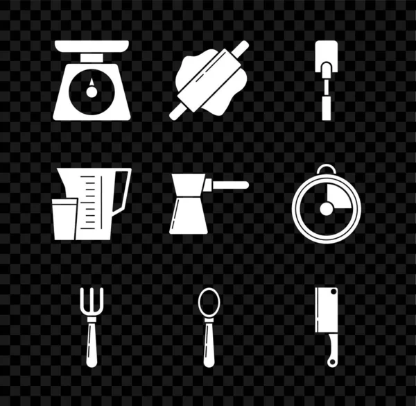 Set Scales, Rolling pin, Spatula, Fork, Spoon, Meat chopper, Measuring cup і Coffee Turk icon. Вектор — стоковий вектор