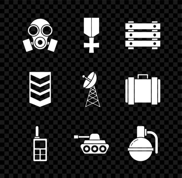 Gasmask, militärmedalj, ammunitionslåda, walkie talkie, stridsvagn, handgranat, rang och radarikon. Vektor — Stock vektor