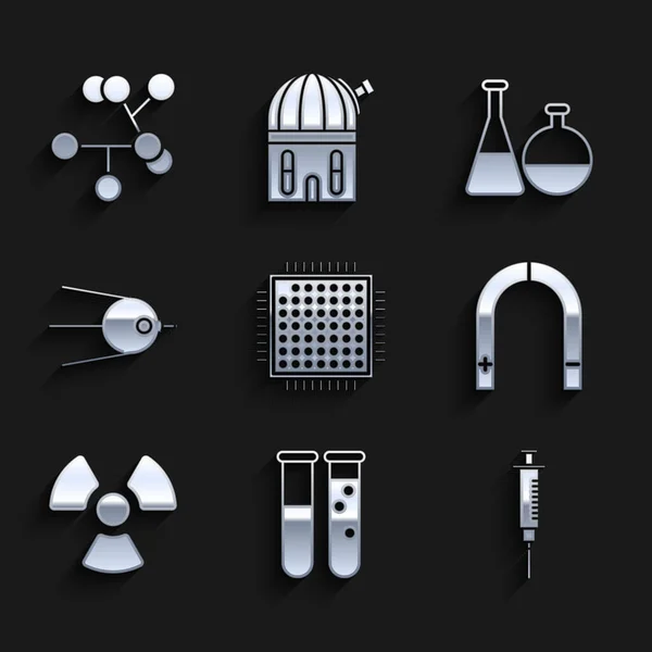 Набір процесів, тестових труб і колб хімічних лабораторій, Syringe, Magnet, Radioactive, Satellite, і Molecule icon. Вектор — стоковий вектор