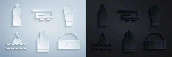 Set rukavice, taška, plovoucí bóje na moři, pouzdro nebo krabice kontejner pro kymácení, Potápěčský pás a ikona Aqualung. Vektor — Stockový vektor