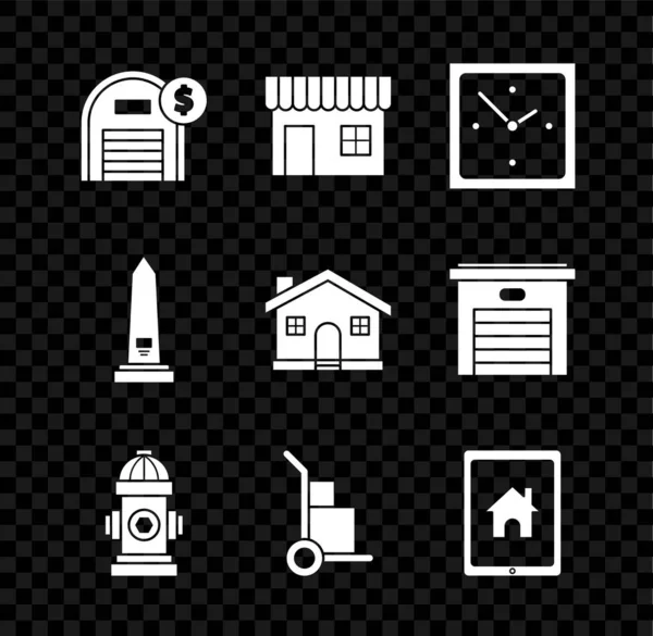 Set Almacén con símbolo de dólar, edificio de compras o tienda de mercado, reloj, boca de incendios, camión de mano y cajas, Tablet casa inteligente, monumento a Washington y el icono de la casa. Vector — Vector de stock