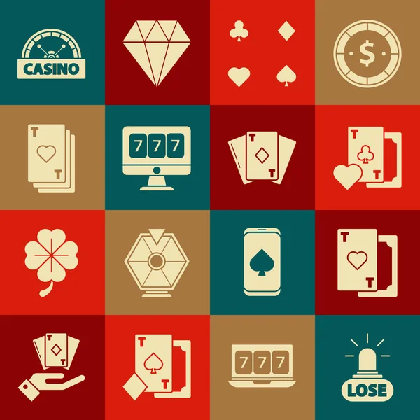 Conjunto de Casino perder, Jugando a la carta con el corazón, los clubes de símbolo, cartas, en línea de la máquina tragaperras suerte sevens jackpot, letrero y diamantes icono. Vector — Vector de stock