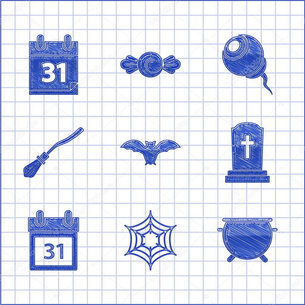 Set Flying bat, Spider web, Halloween witch cauldron, Tombstone with cross, Calendar date 31 october, Witches broom, Eye and icon. Vector