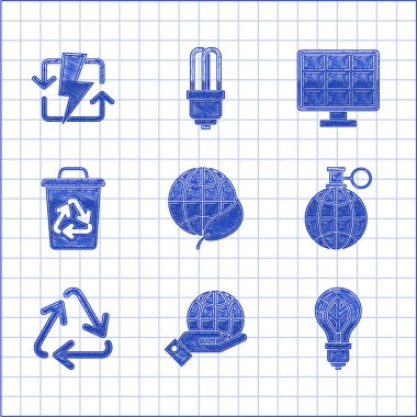 Yerküre küresi ve yaprağı, insan elini tutma, ampulü geri dönüşüm, geri dönüşüm sembolü, çöp geri dönüşümü, güneş enerjisi paneli ve yeniden şarj ikonu. Vektör