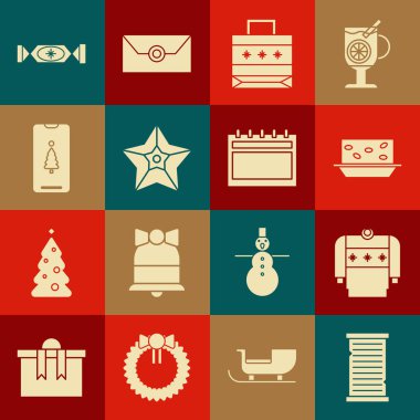 Noel dilek listesi şablonu, kazak, fındıklı Nougat, kağıt alışveriş torbası, yıldız, akıllı telefon hediye kutusu, şeker ve takvim simgesi. Vektör