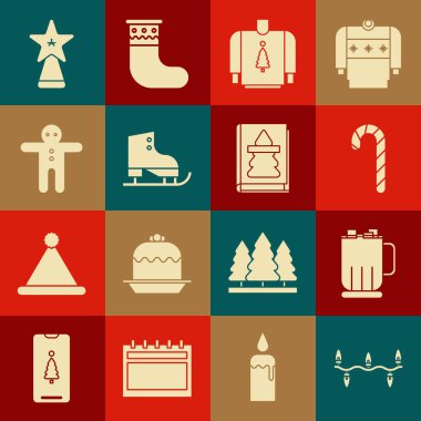 Noel ışıklarını ayarlayın, kremalı sıcak çikolata bardağı, şeker kamışlı çizgiler, kazak, figür patenler, bayram zencefilli kurabiye, yıldız ve kitap ikonu. Vektör