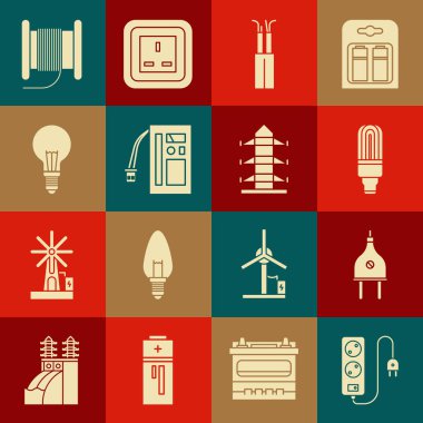 Elektrik uzatma kablosu, fiş, LED ampul, kablo, pil, fikir konsepti ile ışık, kablo makarası davulu ve yüksek voltajlı elektrik direği hattı ikonu ayarla. Vektör