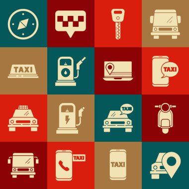 Harita işaretçisini taksi, scooter, taksi, telefon servisi, araba anahtarı, benzinci, benzinci, araba çatısı, pusula ve dizüstü bilgisayar konum belirleyici simgesi ile ayarla. Vektör