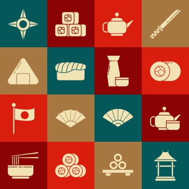 Japon Kapısı, Japon çay töreni, suşi, ninja shuriken ve geleneksel ikon. Vektör