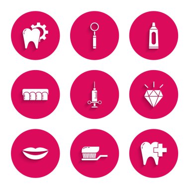 Diş macunlu diş fırçası, diş bakımı kliniği, elmas dişler, gülen dudaklar, takma dişler, tüp ve tedavi yöntemi ikonu. Vektör