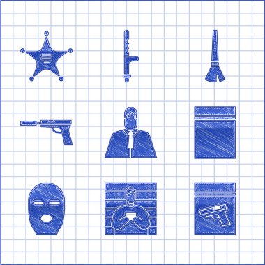 Avukat, avukat, hukukçu, şüpheli suçlu, kanıt çantası ve tabanca, plastik kaplı fermuar, hırsız maskesi, susturucu, boya fırçası ve Hexagram şerifi ikonu. Vektör