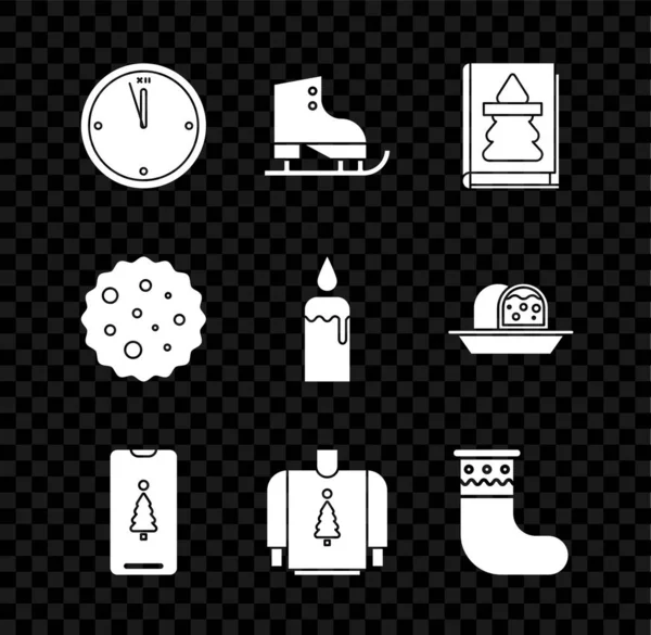 Set Uhr, Eiskunstlauf, Weihnachtsbuch, Smartphone mit Geschenkbox, Pullover, Strumpf, Kekse oder Kekse Schokolade und brennende Kerze Kerzenständer-Symbol. Vektor — Stockvektor