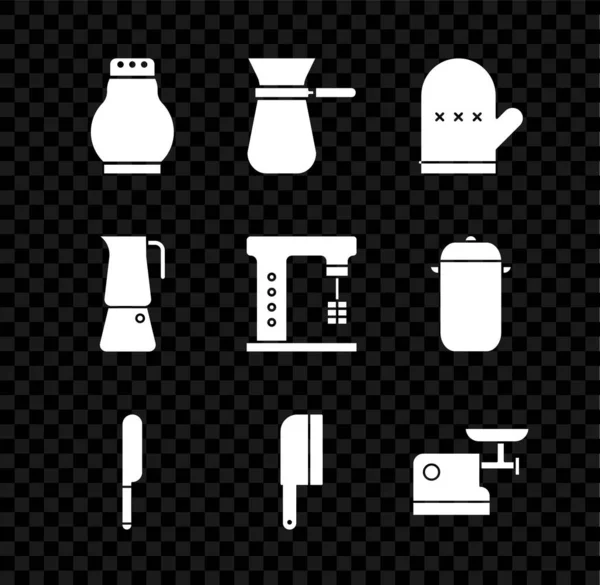 Set Sal y pimienta, Turco café, Guante del horno, Cuchillo, Picador de carne, Molinillo de carne de cocina, Moka olla y el icono de la batidora eléctrica. Vector — Vector de stock