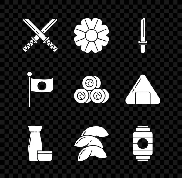 Állítsa be a hagyományos japán katana, virág, tea ceremónia, kínai szerencse süti, papír lámpás, nemzeti zászló pólus és szusi ikon. Vektor — Stock Vector