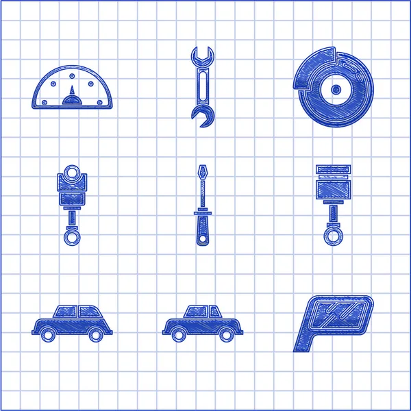 Zestaw śrubokręt, samochód, lustro, tłok silnika, tarcza hamulcowa z zaciskiem i ikona prędkościomierza. Wektor — Wektor stockowy