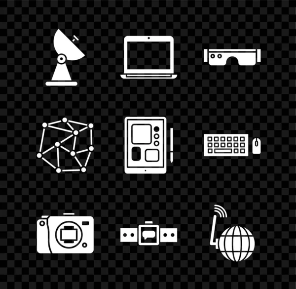 Radar, laptop, slimme bril, spiegelloze camera, smartwatch, sociaal netwerk, neurale en grafische tablet icoon. Vector — Stockvector