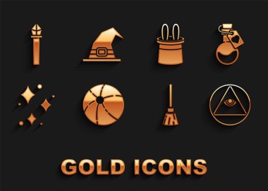 Plaj topu, aşk iksiri şişesi, masonlar, cadı süpürgesi, ışıldayan yıldızlar sihirli parıltı, sihirbaz şapkası ve tavşan kulağı, asa ve ikon. Vektör