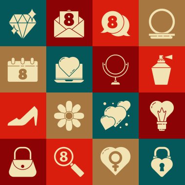 Castle 'ı kalp şeklinde ayarla, Kalp Ampulü, Parfüm, 8 Mart konuşma balonu, Online flört uygulaması ve sohbet, Takvim, Elmas ve Yuvarlak makyaj aynası ikonu. Vektör