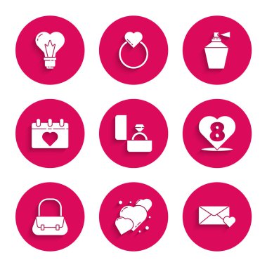 Elmas nişan yüzüğü, Kalp, Zarf, El çantası, Takvim, Parfüm ve şekil ampul ikonu. Vektör