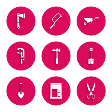 Pençe çekici, çimento torbası, makas, kar küreği, kürek, klemp aleti, el arabası ve tahta balta ikonu. Vektör