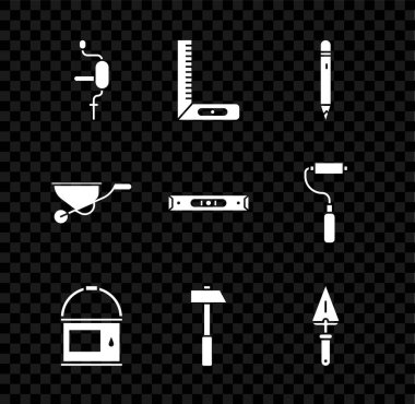 El matkabı, köşe cetvel, silgiyle kalem, boya kovası, çekiç, mala, el arabası ve inşaat balonu seviye simgesi. Vektör