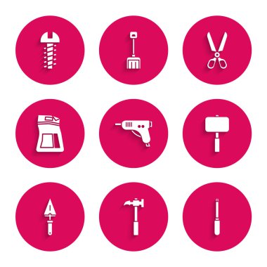 Elektrikli tutkal tabancası, pençe çekici, tornavida, balyoz, mala, çimento torbası, makas ve metal vida ikonu. Vektör