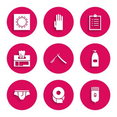 Düz tıraş makinesi, elektrikli saç makası, bir şişe sıvı antibakteriyel sabun, iç çamaşırı, ıslak mendil, listeli pano ve paket güvenli seks ikonu. Vektör