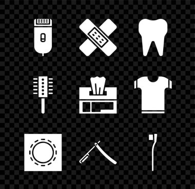 Elektrikli saç makası ya da traş makinesi, çapraz sargı bezi, diş macunu, prezervatifi paket güvenli seks, düz jilet, diş fırçası, saç fırçası ve ıslak mendil ikonu. Vektör