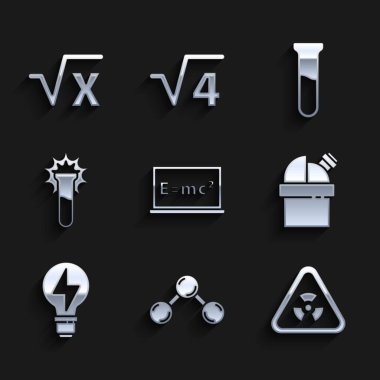 Denklem çözeltisi, molekül, radyasyonlu üçgen, astronomik gözlemevi, ampul ışığı, test tüpü ve matara ve x sembolünün kare kökü. Vektör