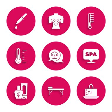 Masaj seti, masa, Aroma mumu, kaplıca salonu, merhem kremi tüpü, sauna termometresi, saç fırçası ve Pipette ikonu. Vektör