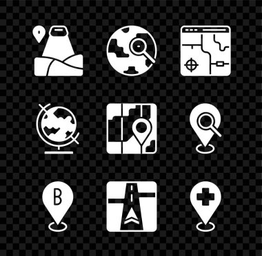 Dağ, büyüteç küre, şehir haritası Infographic, GPS cihazı, tıbbi konum haçı, Dünya ve Şehir navigasyon ikonu ile yer ayarla. Vektör
