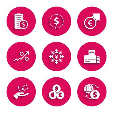 Yen, döviz kurları, para, kredi kartı, el ele tutuşmalar, yüzde yukarı ok, mali büyüme avrosu ve dolar ikonu ile madeni para ayarlayın. Vektör