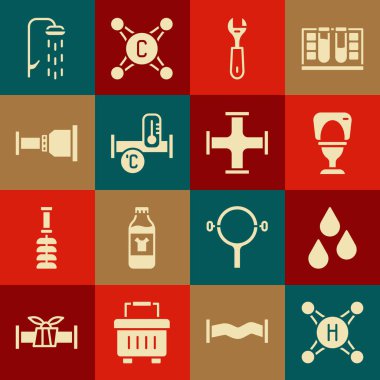 Su musluğunu, lavaboyu, anahtarı, endüstriyel metalik boruyu, boru adaptörünü, duşu ve ikonu ayarla. Vektör