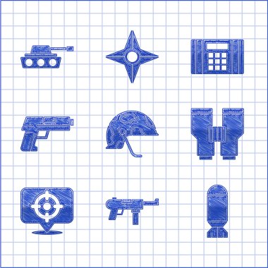 Askeri miğfer, makineli tüfek M3, Havacılık bombası, Dürbün, Hedef Spor, Pistol, Dynamite ve tank ikonu. Vektör
