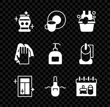 Temiz vazo, bulaşık deterjanı, sabun köpüklü leğen, pencere temizleme servisi, mutfak önlüğü, takvim ve bir şişe sıvı ikon. Vektör