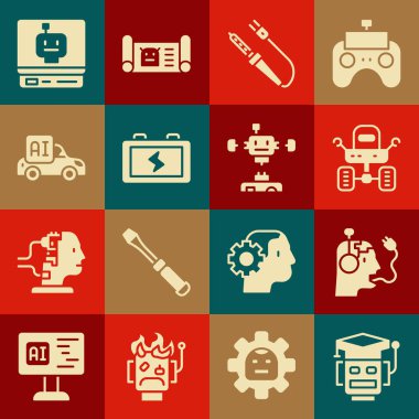 Robot, şarj bataryası, Mars aracı, lehim, pil, özerk akıllı araba ve parçalanmış robot ikonu ayarla. Vektör