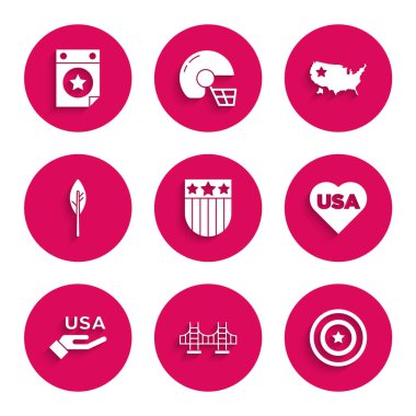 Yıldızlı Kalkan, Altın Kapı Köprüsü, Amerikan kalkanı, Amerikan Bağımsızlık Günü, Hint tüyü, harita ve takvim tarihi 4 Temmuz ikonu. Vektör