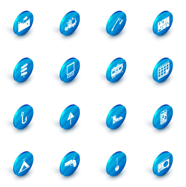 Комплект Rv-прицеп, Топор Вуден, Складная карта с местоположением, Дорожный знак, Рыбацкий крючок, Открытая спичка и спички, Календарь и значок. Вектор