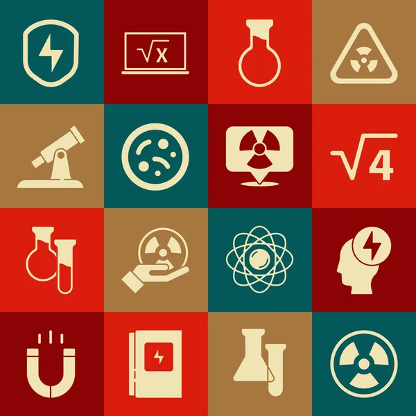 Set Radioactif, Tête et symbole électrique, Racine carrée de 4 glyphe, Flacon éprouvette, Bactéries, Télescope, Bouclier sécurisé avec icône de foudre et de localisation. Vecteur — Image vectorielle