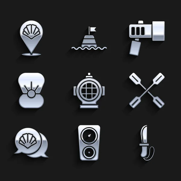 Set Aqualung, escala de calibre, cuchillo, paleta, concha de mar vieira, concha con perla, linterna e icono. Vector — Vector de stock