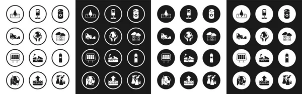 Set Barrel Öl, Hände, die Erde Globus, Autoauspuff, Entwaldung, Wolke mit Regen, Mülleimer, Flasche Wasser und Solar-Panel-Symbol. Vektor — Stockvektor