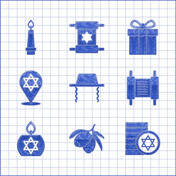 Set Sombrero judío ortodoxo, Rama de aceitunas, Moneda judía, Rollo de la Torá, Vela ardiente, Estrella de David, Caja de regalo e icono. Vector — Vector de stock