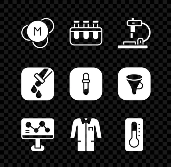 Conjunto de moléculas, probeta y frasco, microscopio, fórmula química, uniforme de laboratorio, termómetro médico e icono de la pipeta. Vector — Archivo Imágenes Vectoriales