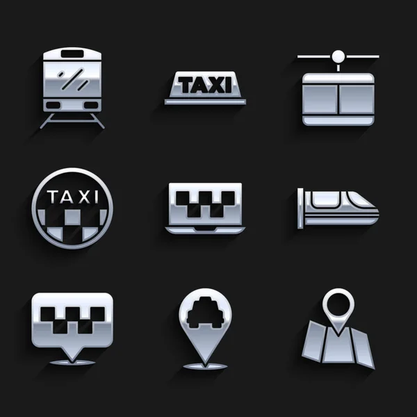 Setzen Sie Laptop-Anruf-Taxi-Service, Standort mit, Lage der Faltkarte, Hochgeschwindigkeitszug, Dach des Taxis, Kabel und Zug-Symbol. Vektor — Stockvektor