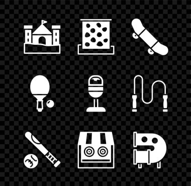 Set Kum Kalesi, Tırmanma Duvarı, Kaykay numarası, Beyzbol sopalı top, Atış Galerisi, Çocuk oyun alanı kaydırak borusu, Raket ve Çöp kutusu ikonu. Vektör