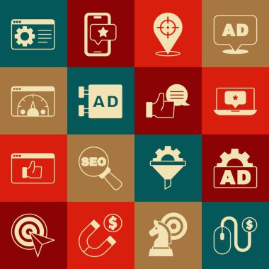 Reklamcılığı ayarla, dizüstü bilgisayarı yıldız, hedef, web sitesi istatistiği, tarayıcı ayarı ve müşteri ürün derecelendirme simgesi ile ayarla. Vektör