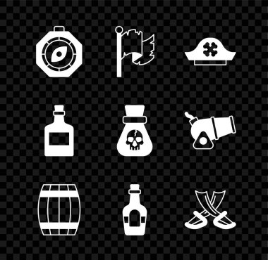 Pusula, korsan bayrağı, şapka, tahta fıçı, alkol içeceği rom, çapraz korsan kılıcı ve madeni para ikonu. Vektör